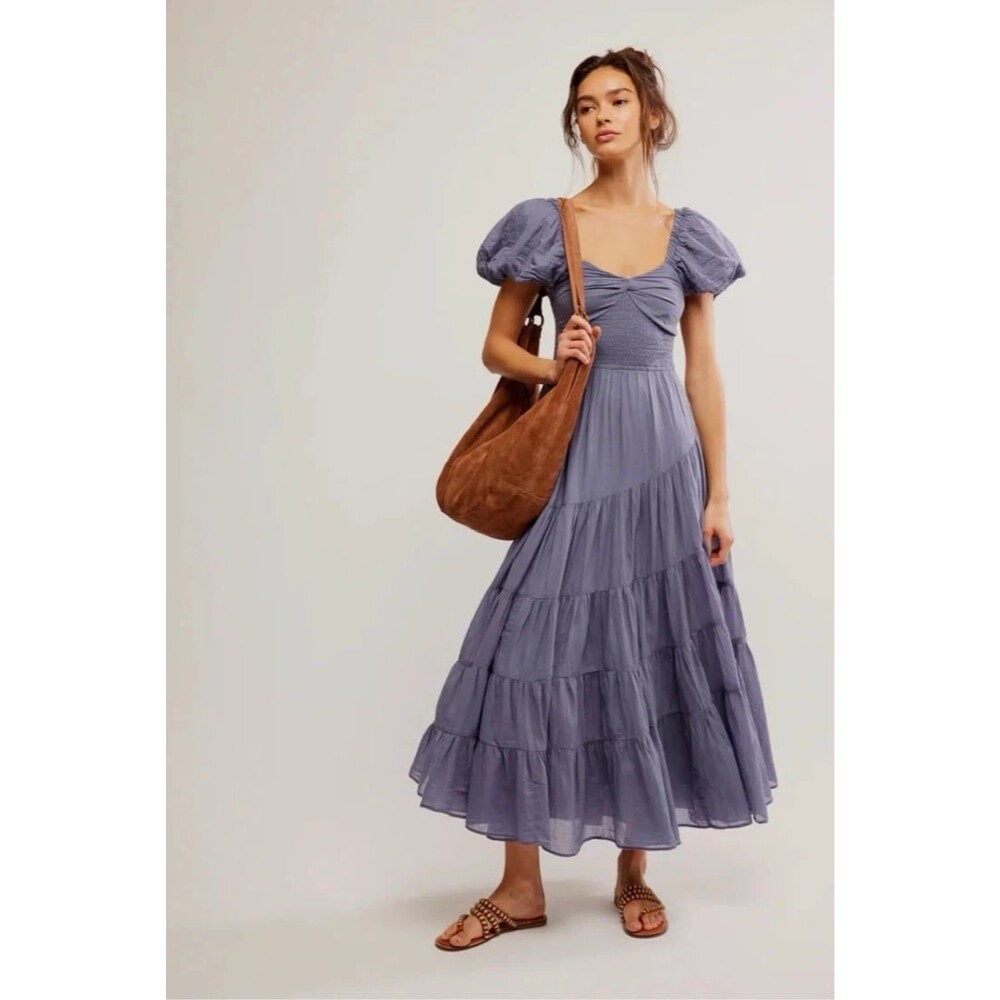 NWOT Free People Sundrenched Short Sleeve Maxi Blue Granite M MSRP $168